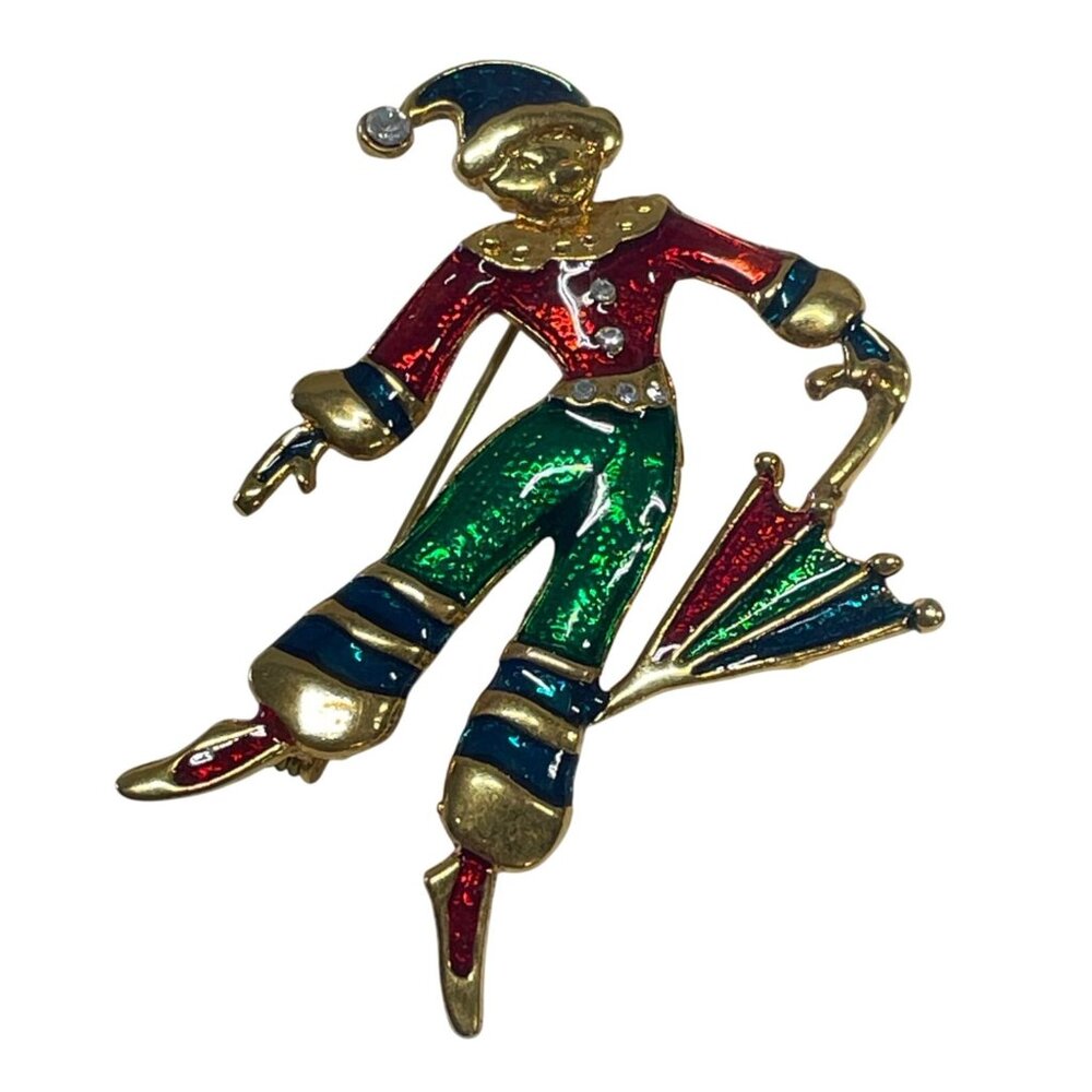 Jester‎ Clown Enamel Rhinestone Umbrella Gold-Tone Pin Brooch Jewelry Vintage